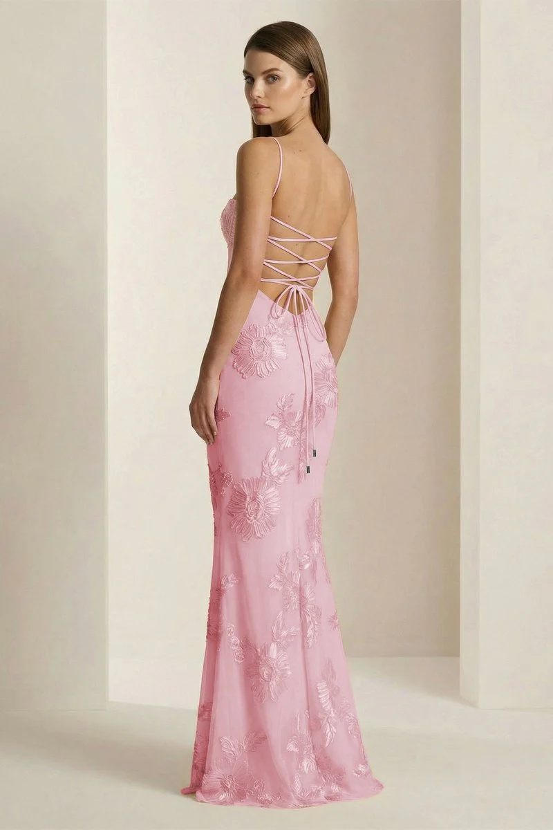 Yellow Spaghetti Straps Sheath Long Prom Dresses With Floral Embroidery