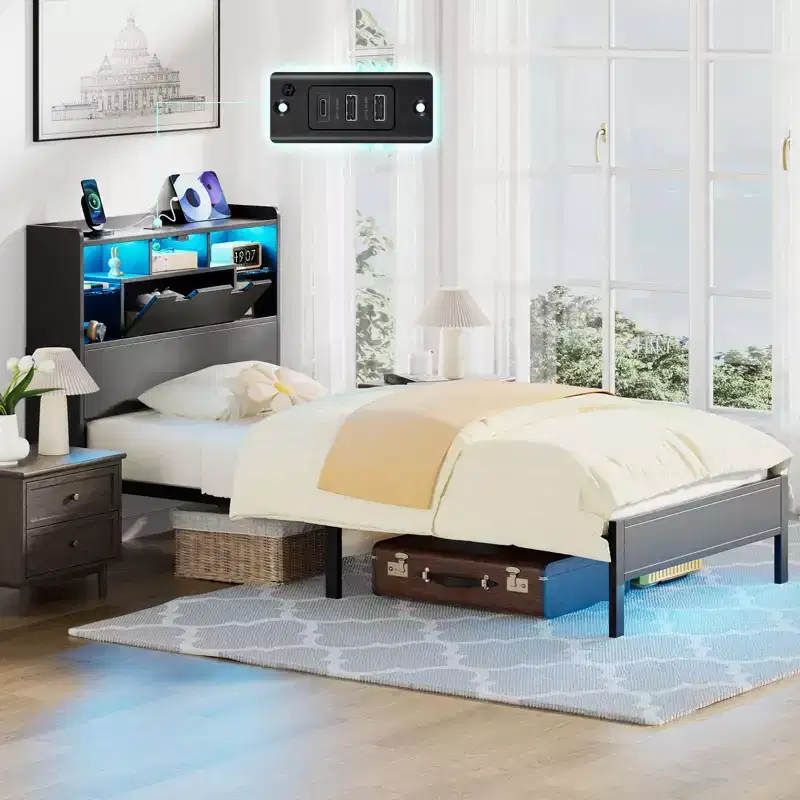 Greenstell Bed Frame with Headboard, Bed Frame with Built-in Charging Station & LED Light, Storage Shelf, Black