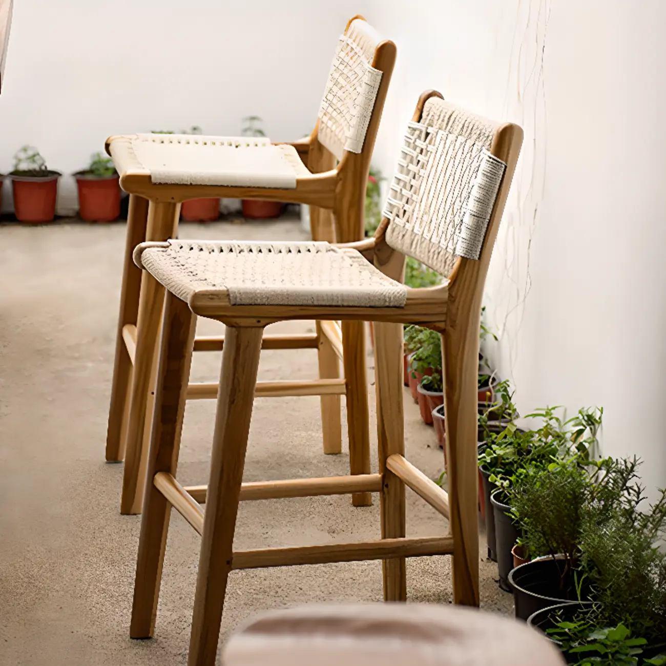 Rustic Wood Wicker Seat Counter Bar Stools with Back