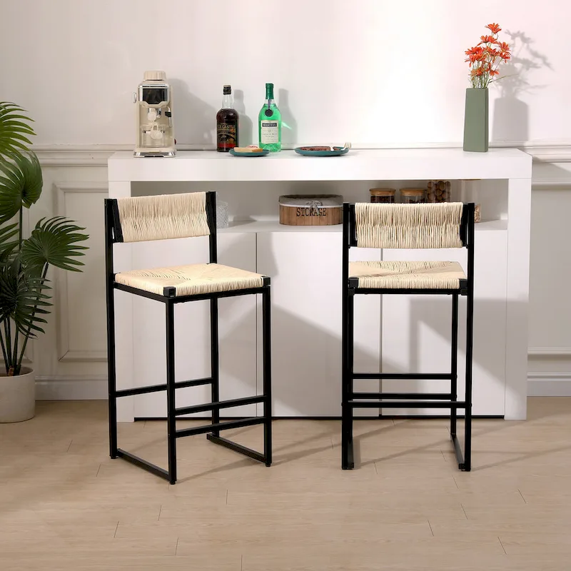 Set of 2 Bar Stools with Paper Rope Seat and Metal Frame