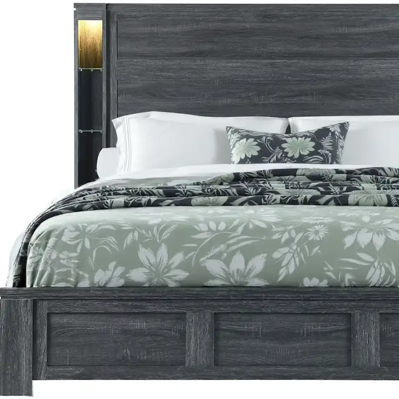 HomeRoots Dark Gray Distressed Wood Lighted King Bed Frame