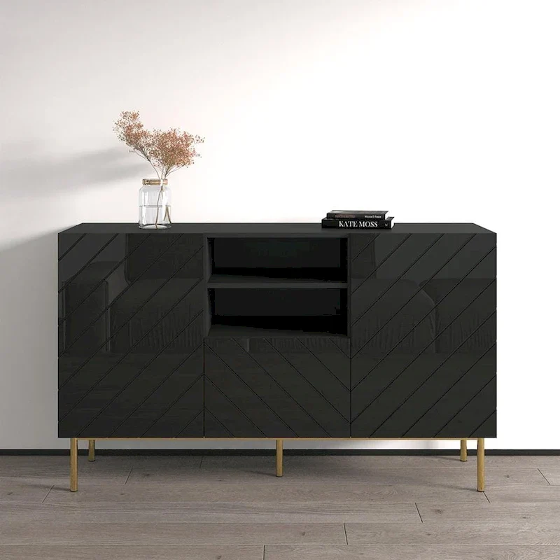 High Gloss Sideboard, White/Black, Modern Buffet Credenza, 59