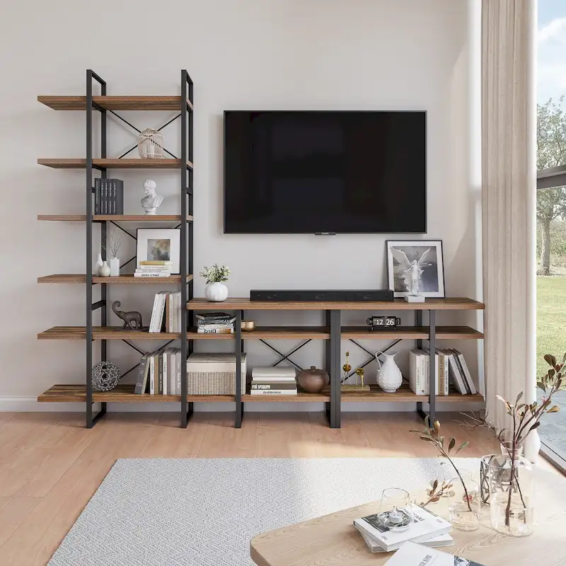 Antique Walnut TV Stand with 6-Tier Bookcase, 1-Person Assembly
