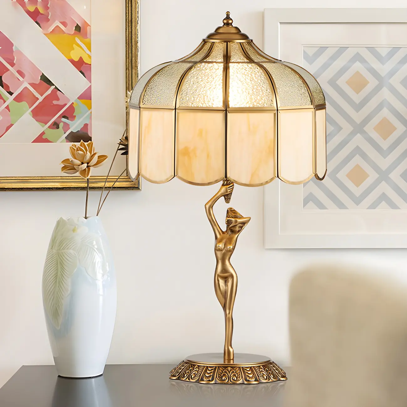 Artistic Figural Sculpture Brass Metal Dome Table Lamp