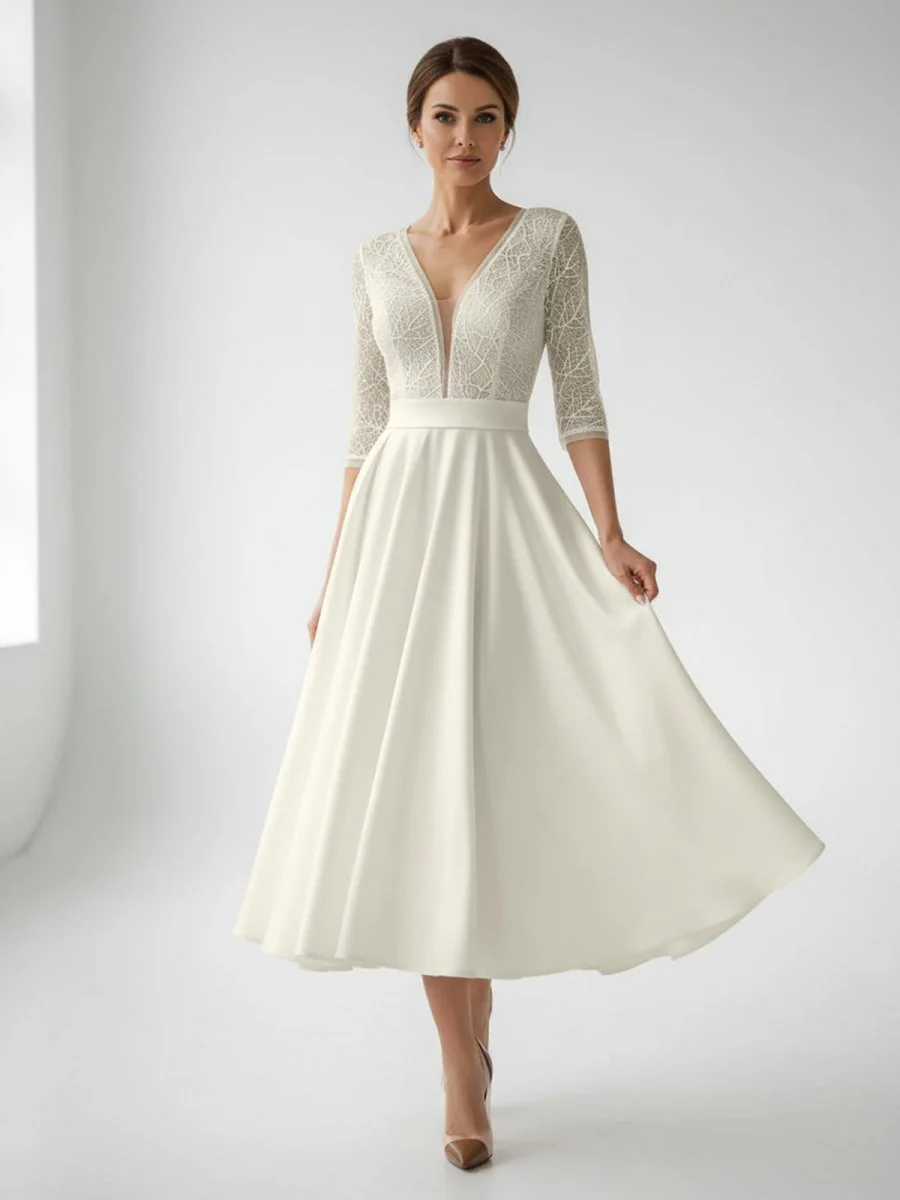 Satin V-neck A Line Tea-length Wedding Dress with Ruching and Sash