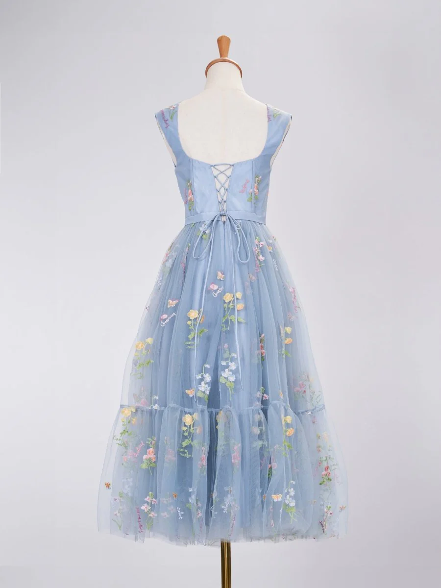 A Line Sweetheart Dusty Blue Long Prom Dress with Embroidery