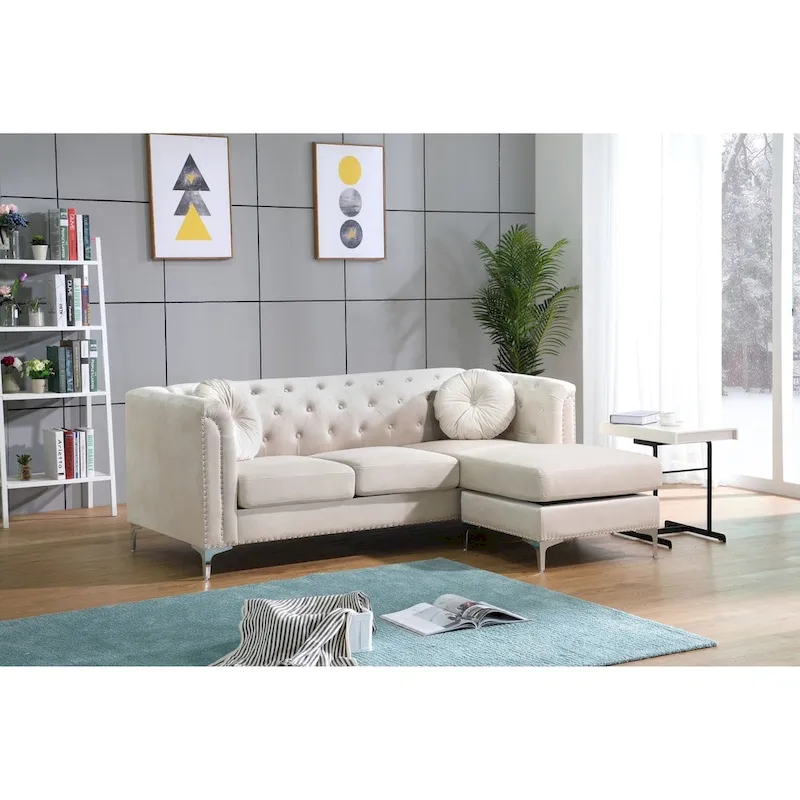 Velvet Button-Tufted Sofa with Reversible Chaise for 3-4 People