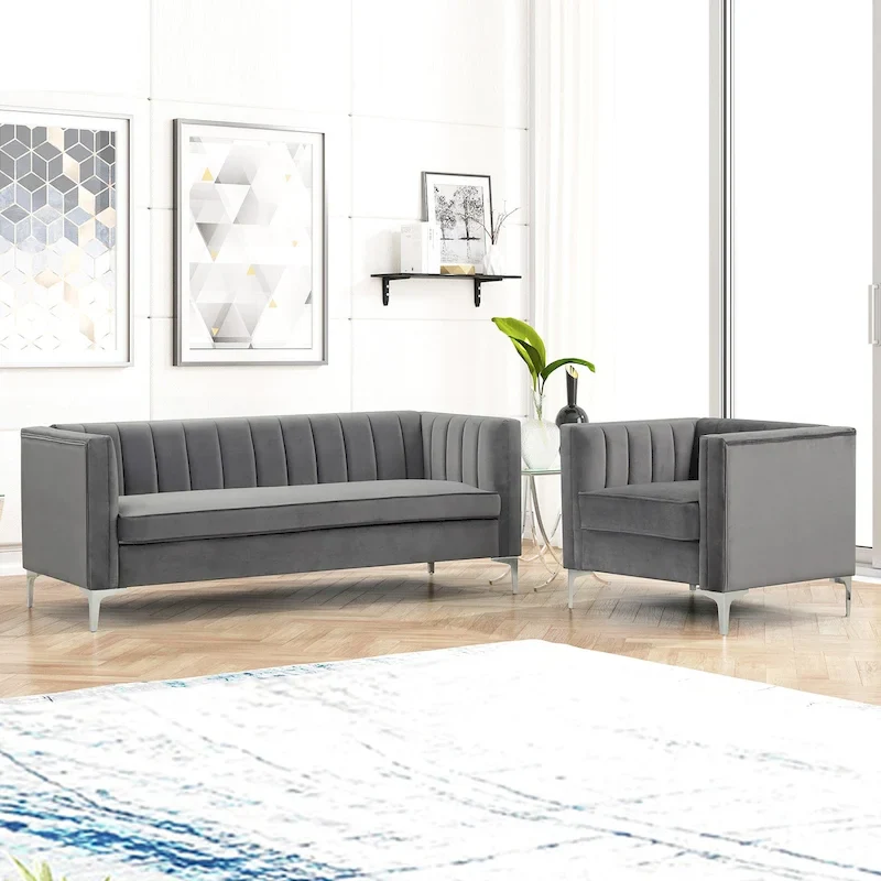 Modern 2 Pieces of Chair and Sofa Couch Set with Dutch Velvet Grey, Iron Legs