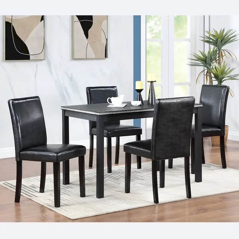 Wooden Dining Table with Rectangular Top and 4 Upholstered Chairs