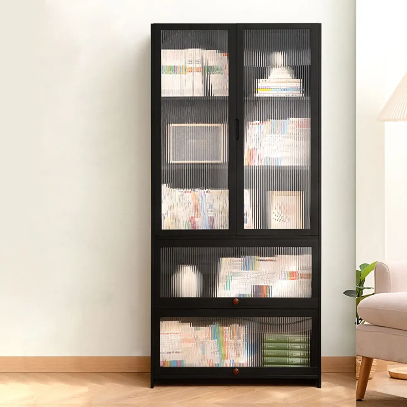 Bamboo Modern Black Vertical Bookcase with Acrylic Doors