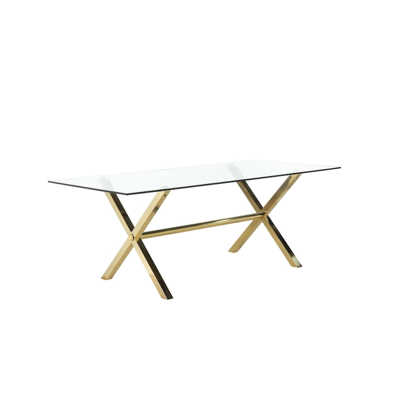 Tia 79 Inch Dining Table, Rectangular Tempered Glass Top, Gold, Clear