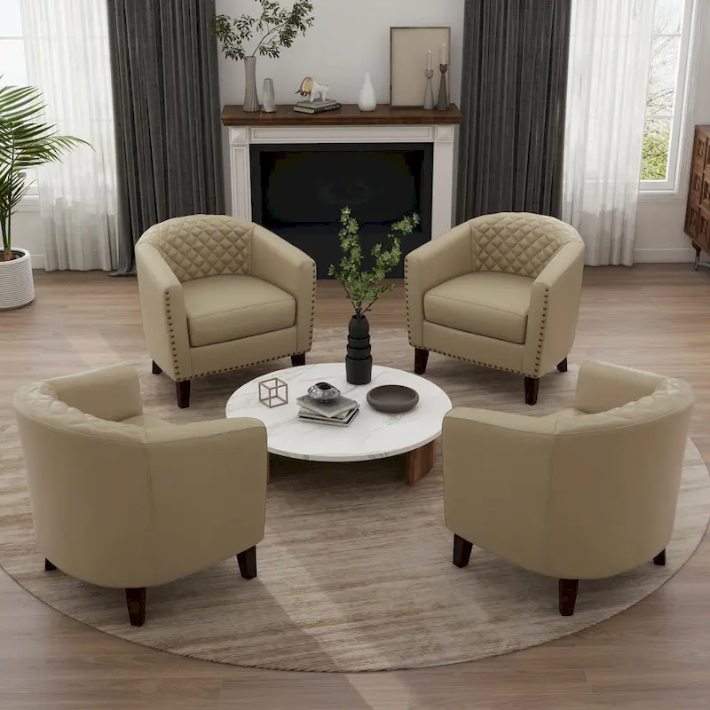 Modern Faux Leather Barrel Accent Chair with Wood Legs