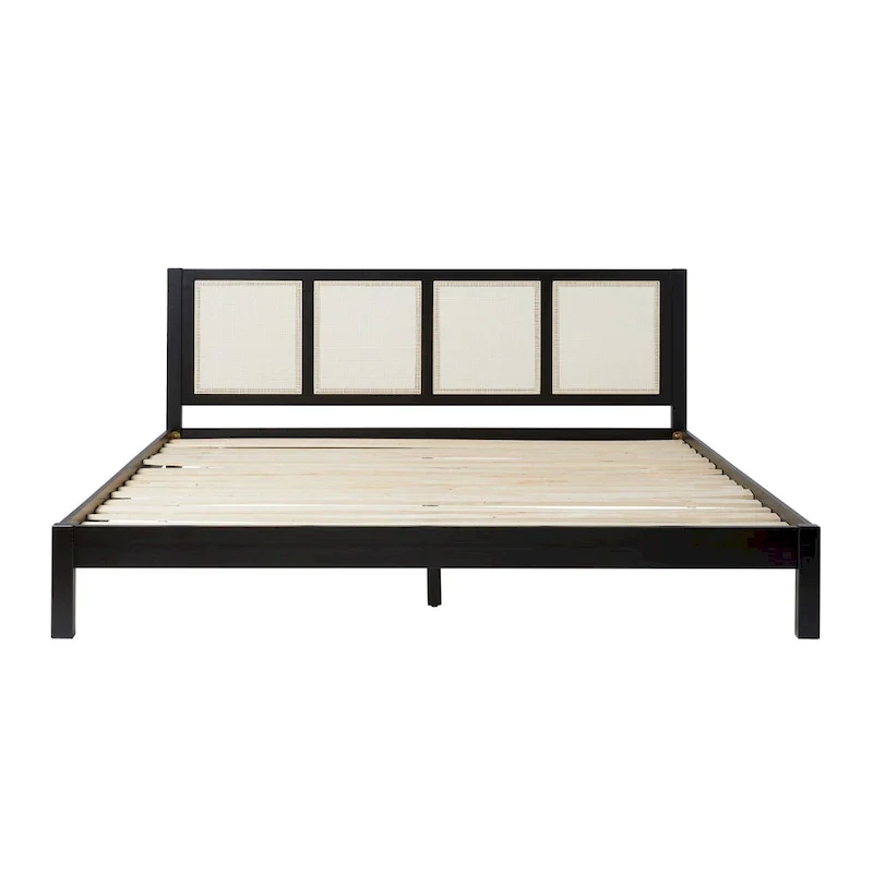 Boho Solid Wood Rattan Headboard King Bedframe