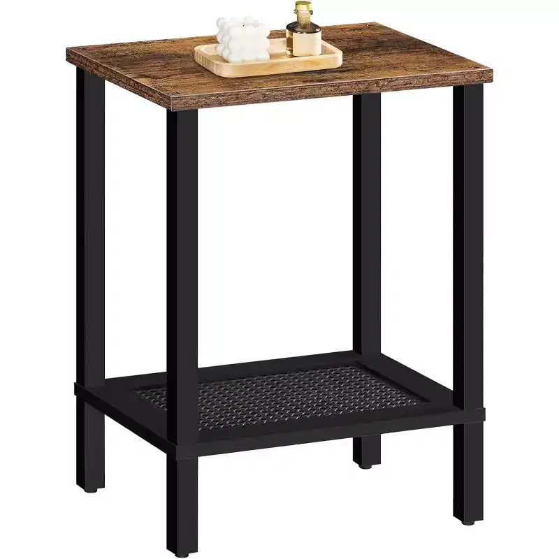 ACOINEL 2-Tier Small Side Table with Faux Rattan Decoration, Rustic Brown & Black Nightstand for Living Room/Bedroom, Space-Saving