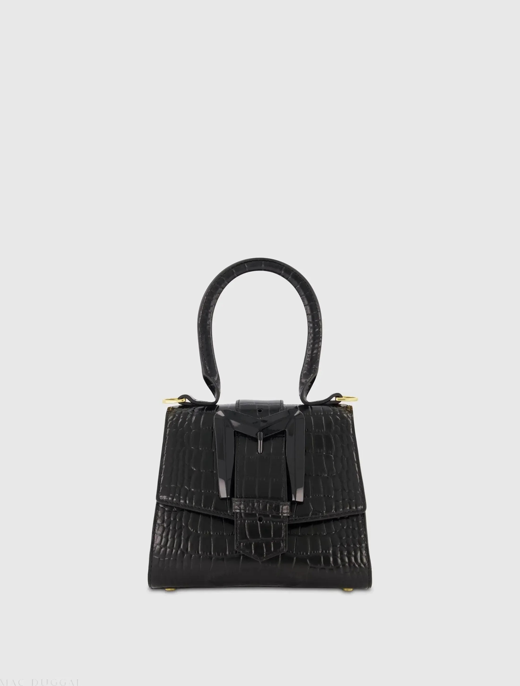 Black Buckled Mini Croco Leather Handbag with Detachable Strap