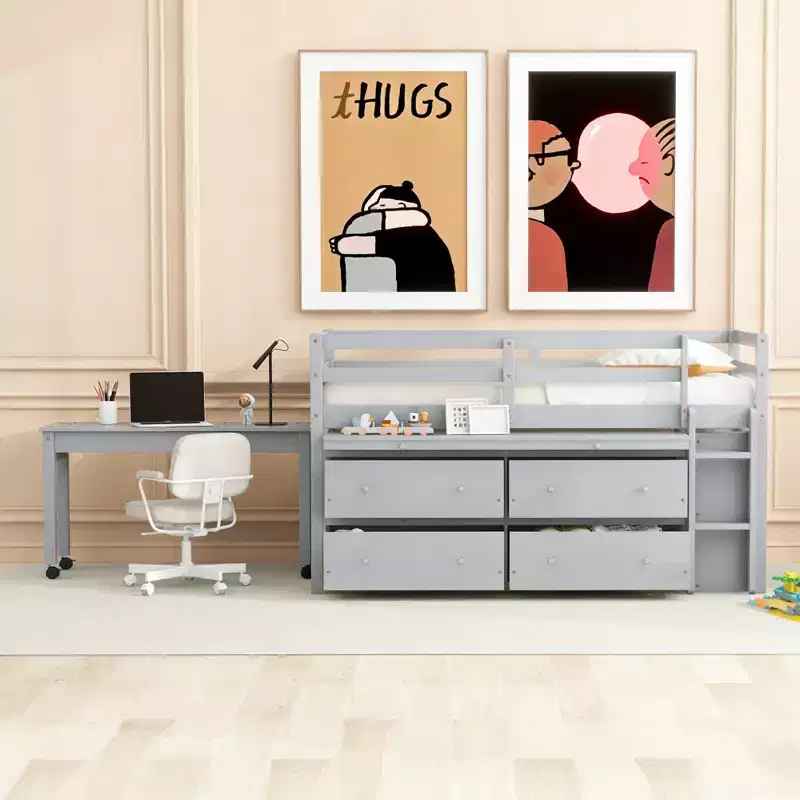 Luxystar Low Loft Bed with Desk, 4 Drawers and Bookcase