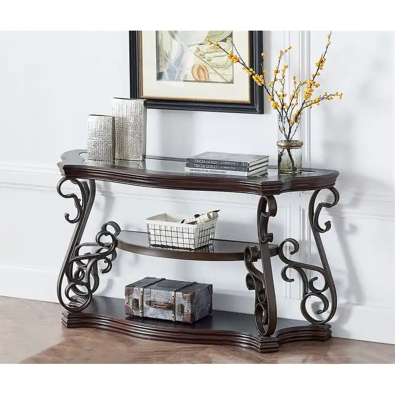 Traditional Retro Console Table with Tempered Glass Top and Middle Shelf