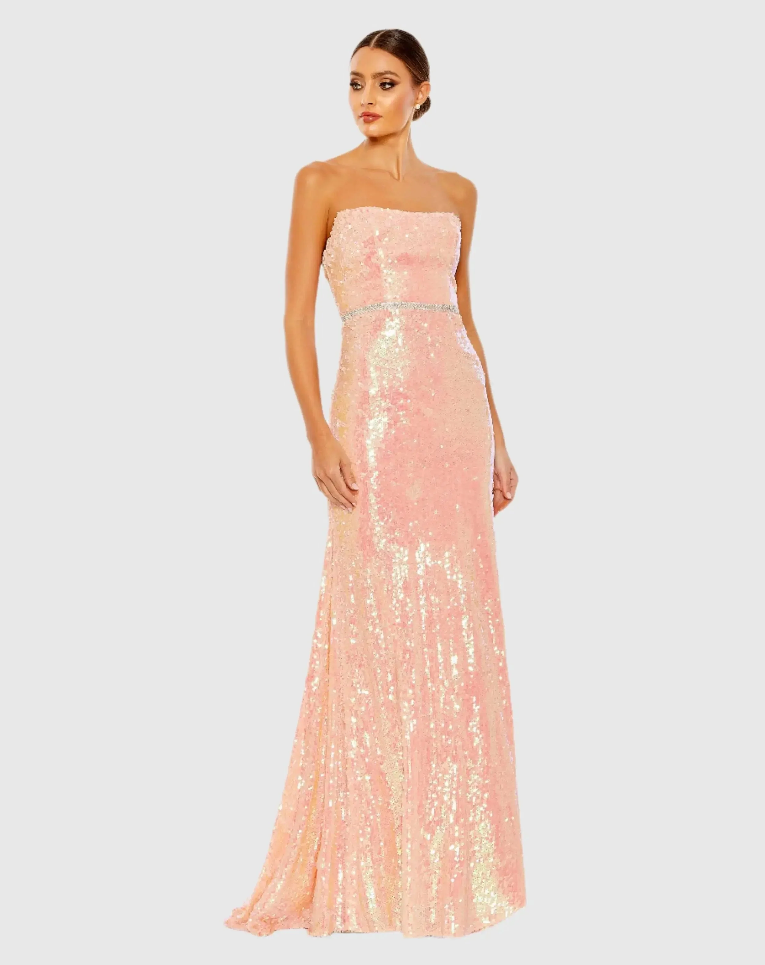 Sequined Strapless Rhinestone Belt Gown
