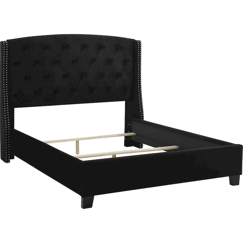 Black Button Tufted Queen Bed with Nailhead Trim