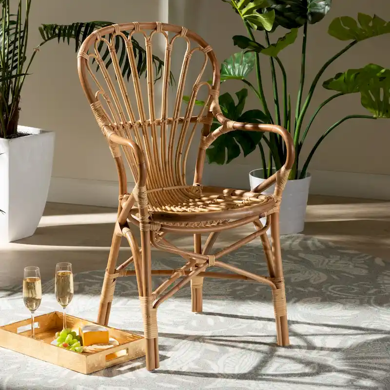 Natural Rattan Dining Chair with Curved Arms & Open Back – Single