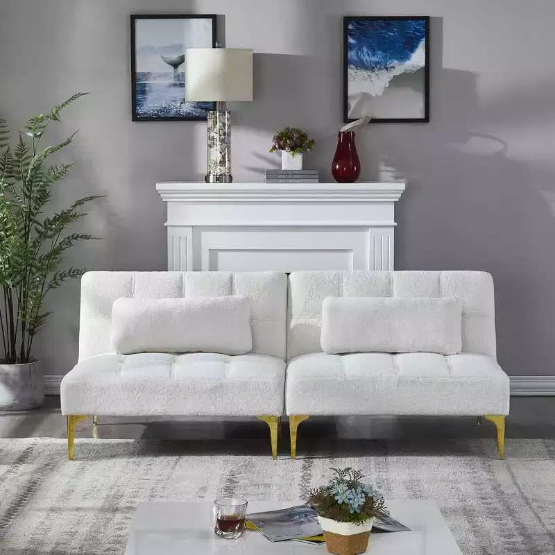 MAYEERTY Comfortable Teddy Fabric Futon Sofa Gold Metal Legs, Foam & Spring for Living Room White
