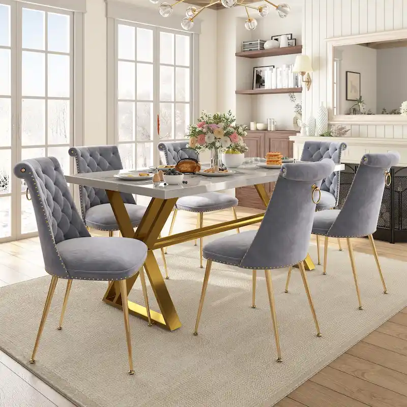7-Piece Marble Dining Table Set with Velvet Chairs