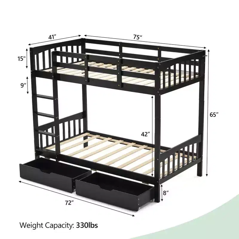 Karl Home Black Solid Wood Twin Bunk Bed with Charging Station,RGB LED,2 Drawers,Safety Guardrail and Ladders,Convertible to 2 Separated Beds