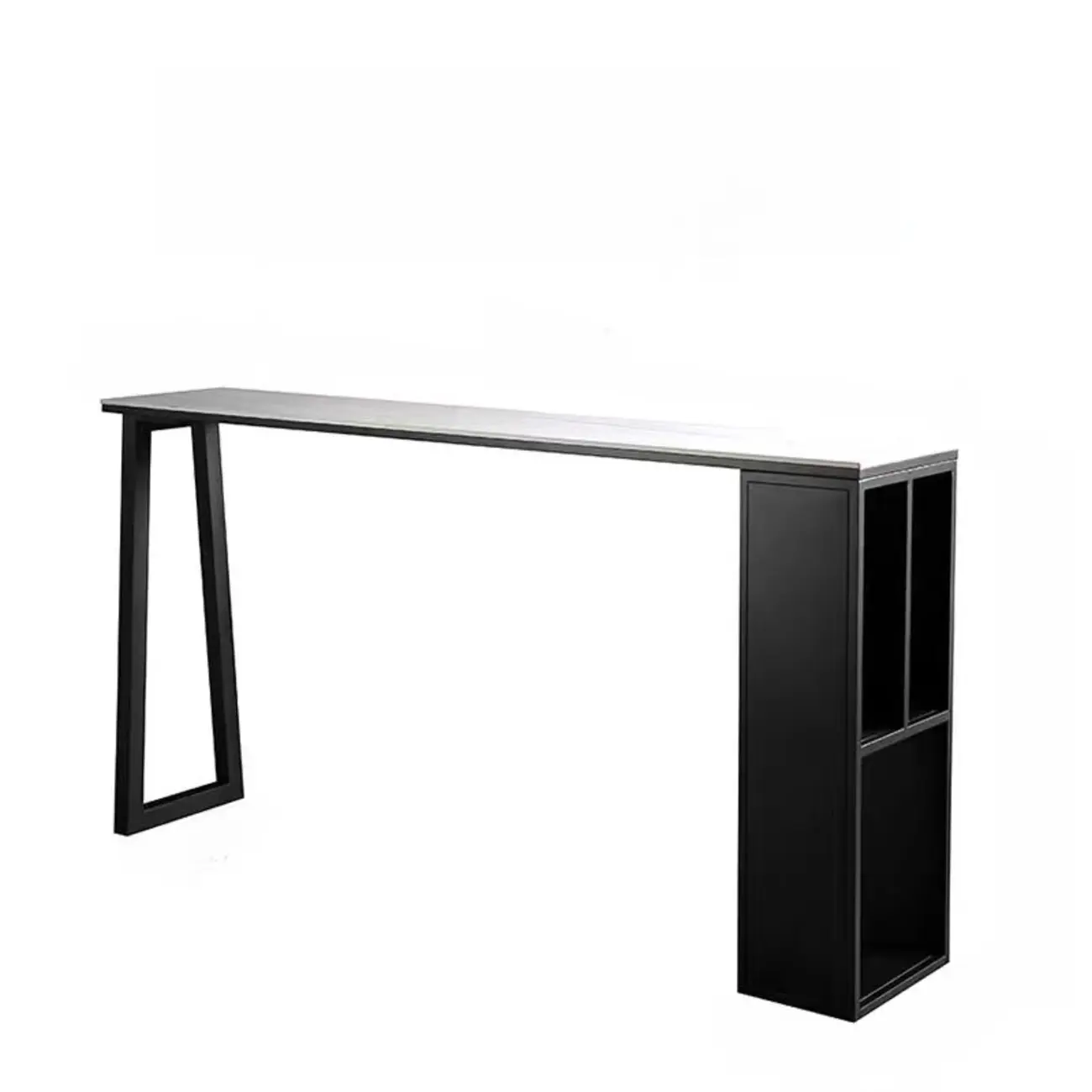 Modern White Stone Top Black Metal Bar Table with Storage