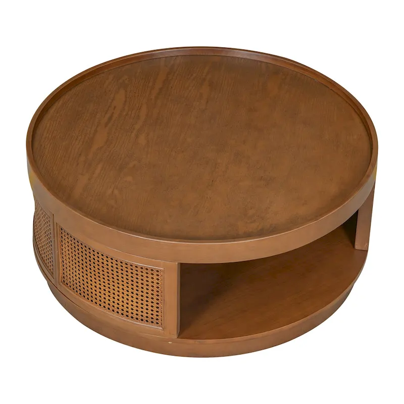 36.8 Wooden Mid-Century Modern Coffee Table, Round Cane Coffee Table with PE Rattan Side