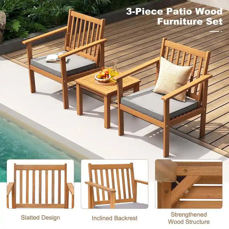 Costway 3 PCS Patio Wood Furniture Set Acacia Wood Chairs & Coffee - See Details