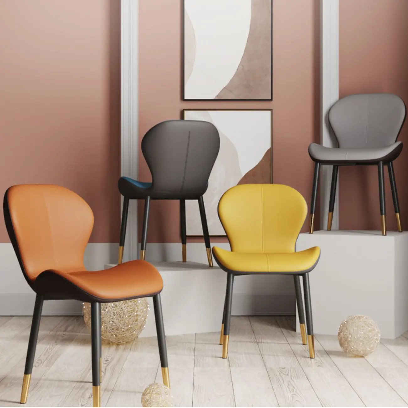 Art Deco Curved Back Leather Dining Chair Solid Back