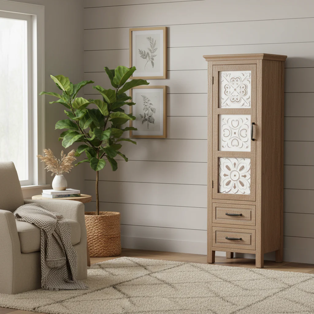 White and Brown Wood 2-Drawer and 1-Door Slim Storage Cabinet - 48.3 Tall