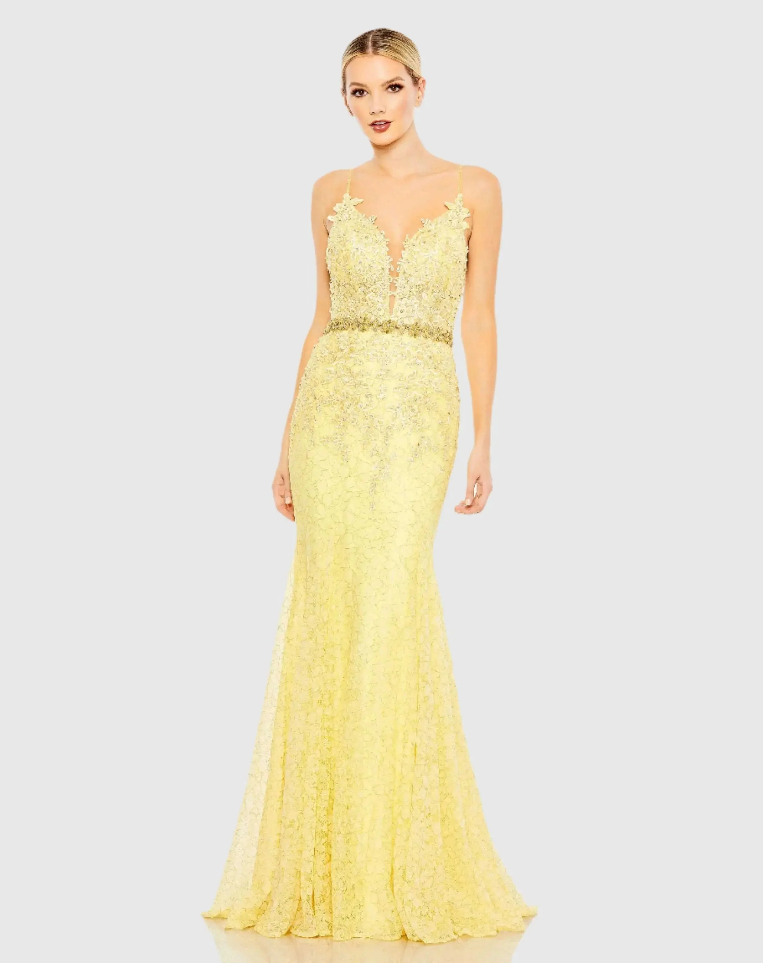 Applique Sleeveless Plunge Neck Trumpet Gown