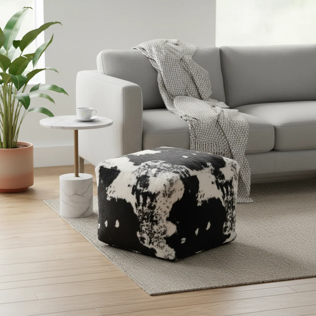 Faux Fur Pouf With Cow Hide Design