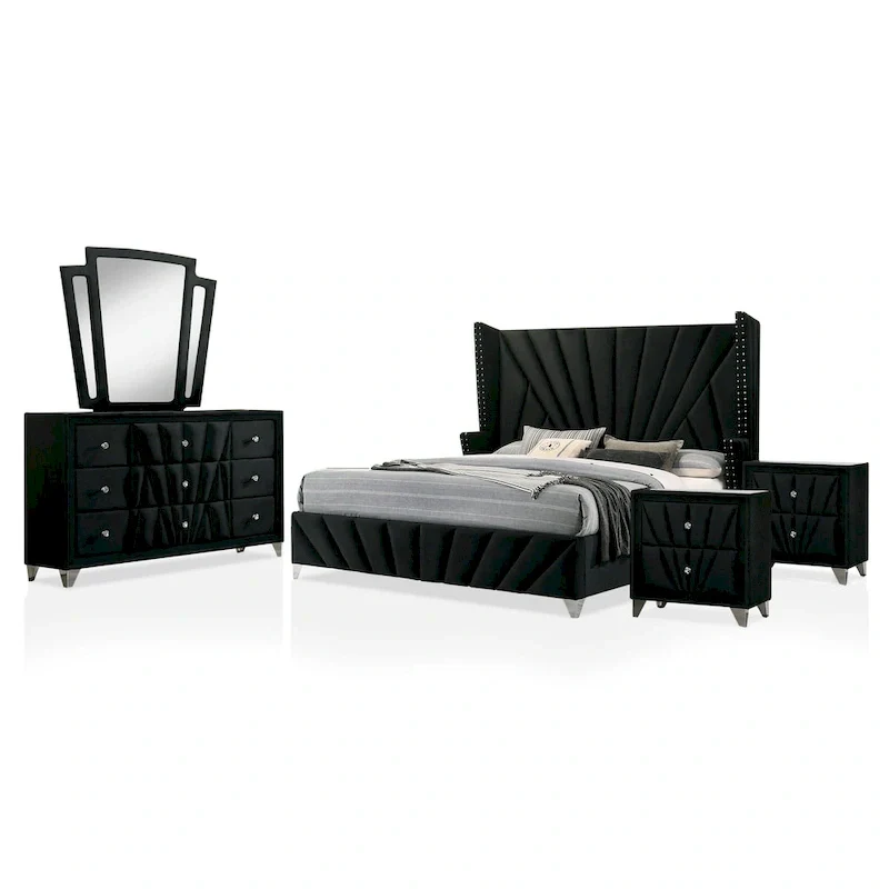 Ambrosia Glam Black Fabric Upholstered Nailhead Panel Bedroom