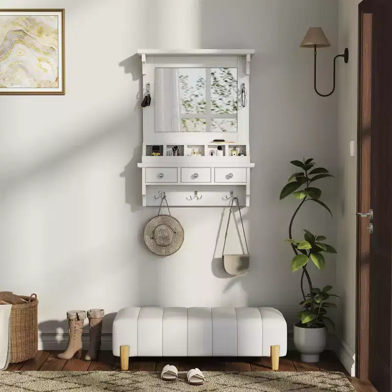 GDFStudio Theirn Versatile Floating Makeup Vanity with Mirror, 3 Drawers, 5 Pockets and 5 Hooks
