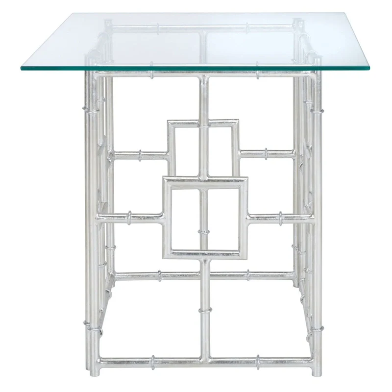 Chinoiserie Faux Bamboo Glass Top Accent Table – Silver