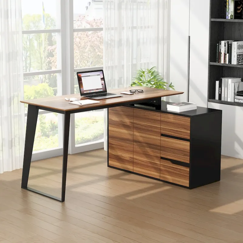 Brown/Black & Oak/White L-Shaped Corner Desk with Drawers and Cabinet, 1-Person