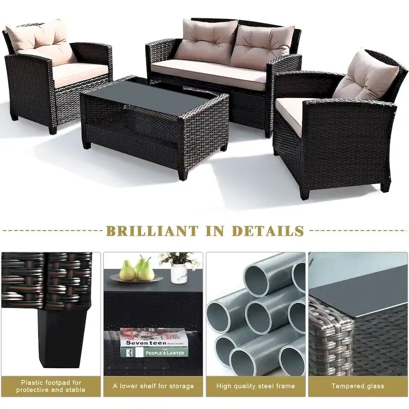Outdoor Rattan Conversation Set 4 Pieces Patio wicker Chairs and Table