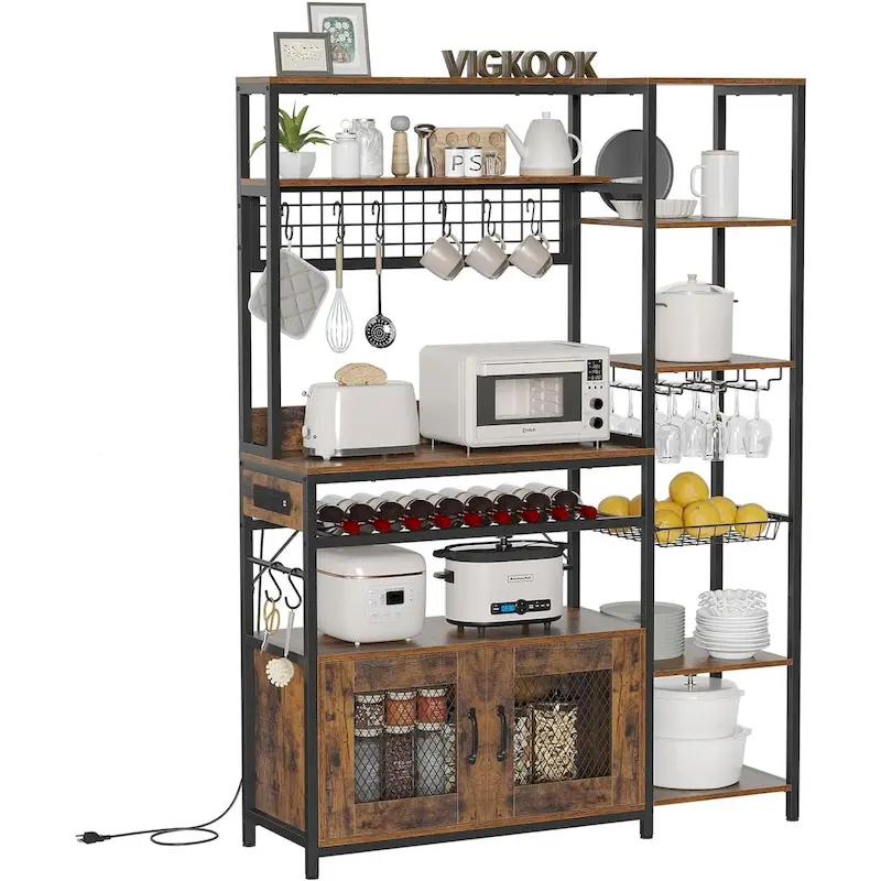47.2 in Bakers Rack with Power Outlet Coffee Bar with Cabinet