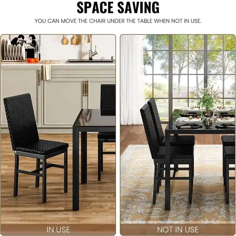 Modern Dining Room Table with Tempered Glass Tabletop and Diamond Stitching PU Leather Chairs