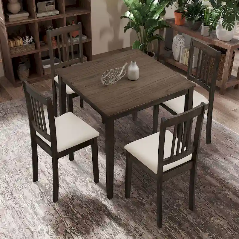 Modern 5-Piece Dining Set with Square Table & 4 Slat Back Upholstered Chairs