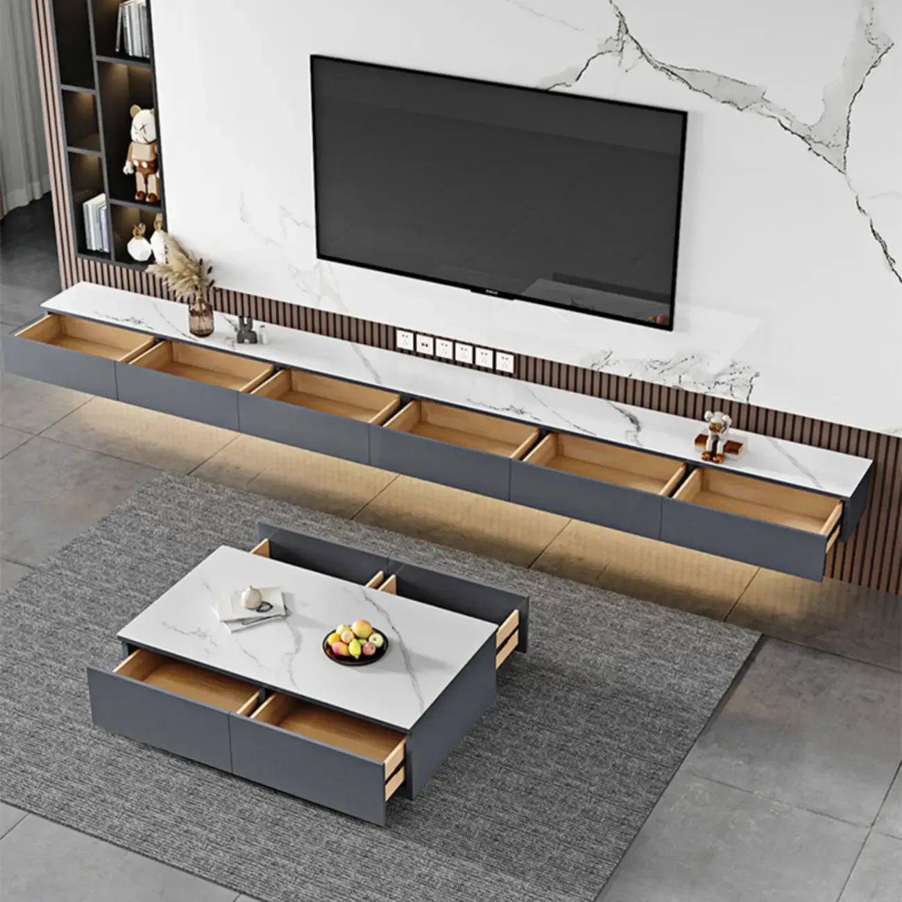 63 Grey Stone Floating Cable Management Drawers TV Stand