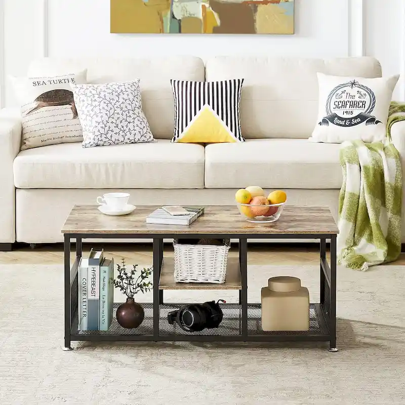 3-Tier Coffee Table with Metal Frame and MDF Shelves