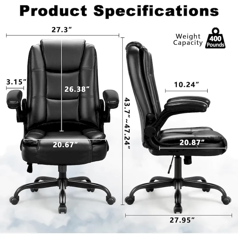 Big and Tall Ergonomic High Back Adjustable Height Leather Executive Chair with Padded Flip-up Arms