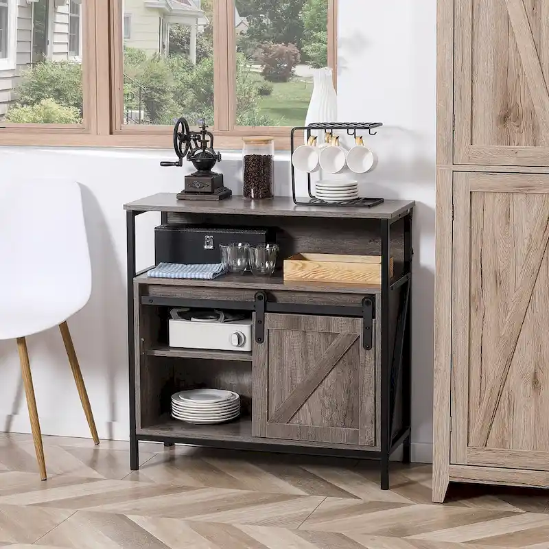 Farmhouse Buffet Cabinet with Sliding Barn Door & Adjustable Shelf for Living Room, Grey