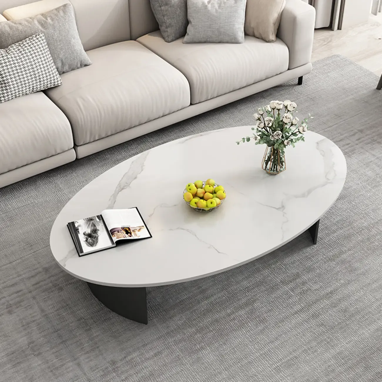 Oval Stone Top Scratch Resistant Iron Base Coffee Table