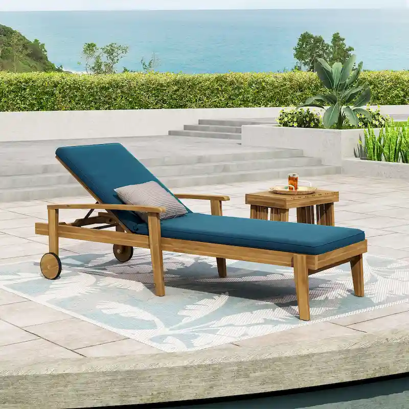 Outdoor Wood Chaise Lounge Single Chair with Wheels, Adjustable Backrest Recliner Sun Lounger for Pool Poolside Backyard