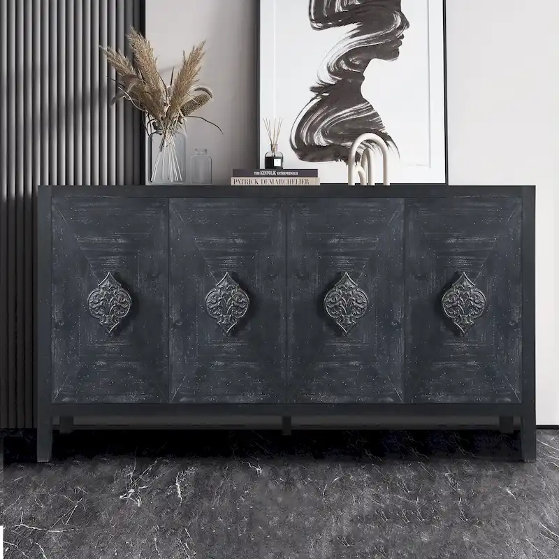 Antique 4-Door Wooden Cabinet Sideboard | Vintage Style Storage Buffet for Living Room & Dining Room