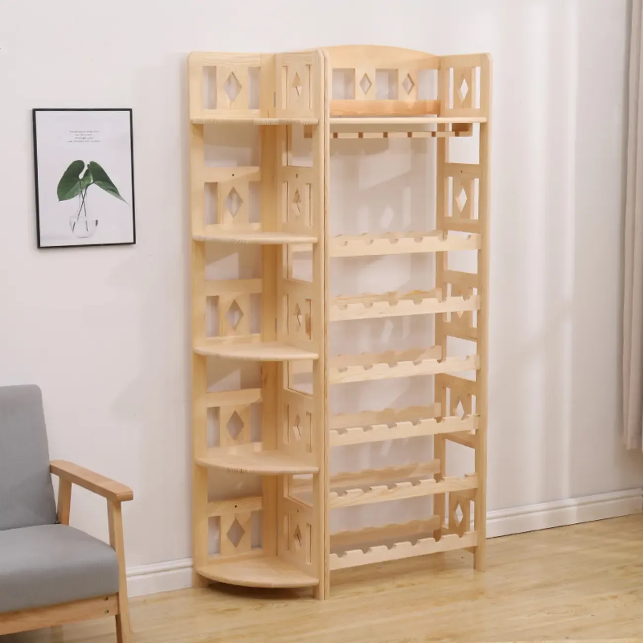 Free Standing Pine Wood Wine Racks with Bar Glass Holder Shelf